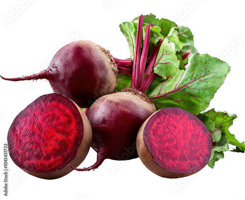 Repeated collection of halved red beets with foliage on a clear backdrop. photo