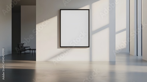 Blank mockup template of a black-framed artwork hanging on a white wall in a spacious minimalistic gallery.