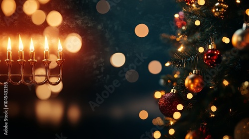 Festive holiday scene with menorah and Christmas tree lights photo