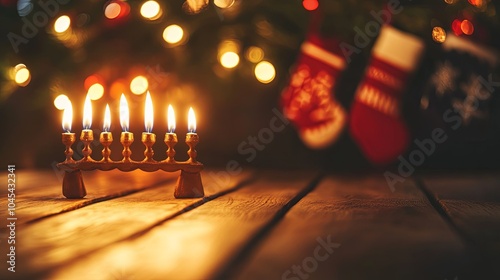 Hanukkah menorah lit against festive holiday backdrop photo