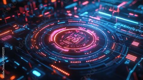 Neon lines and HUD interface elements, with futuristic 3D layers showcasing abstract digital data