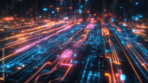 Neon lines and HUD interface elements, with futuristic 3D layers showcasing abstract digital data