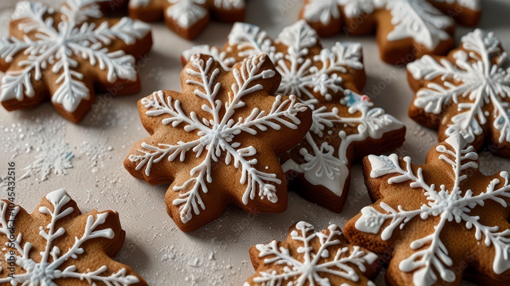 features snowflake-shaped gingerbread cookies decorated with intricate white icing, arranged on a flat surface features snowflake-shaped gingerbread cookies decorated with intricate white icing, arranged on a flat surface