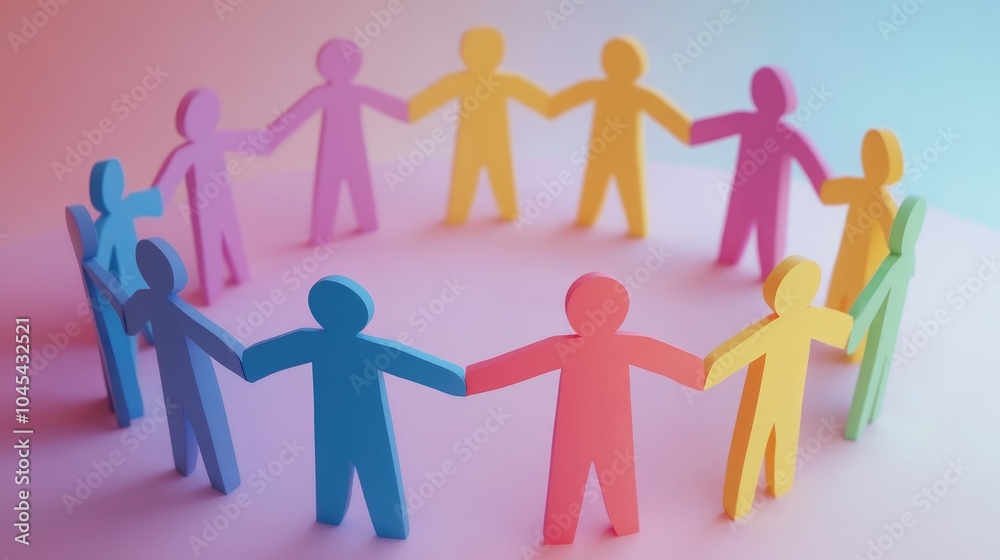 Paper figures in bright colors linked hand-in-hand in a perfect circle, set against a gentle pastel backdrop, embodying community and togetherness. Paper figures in bright colors linked hand-in-hand in a perfect circle, set against a gentle pastel backdrop, embodying community and togetherness.