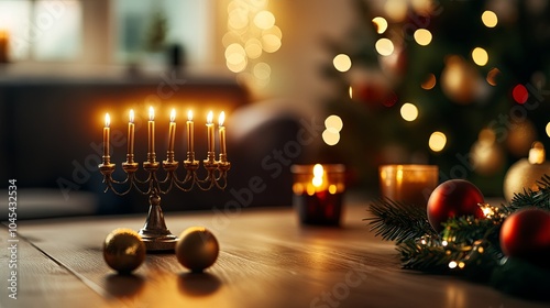 Cozy holiday scene with menorah and Christmas decorations photo