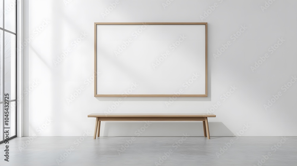 Blank mockup template of a wide, horizontal framed artwork in a minimalistic gallery with a clean and neutral backdrop. Blank mockup template of a wide, horizontal framed artwork in a minimalistic gallery with a clean and neutral backdrop.