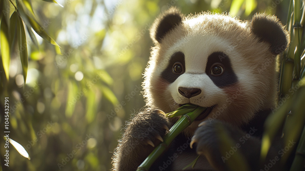 Obraz premium Close-up of a panda bear eating bamboo, green bamboo forest in the background with room for copy space.