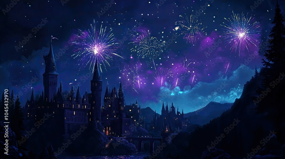 Obraz premium Cartoon fireworks burst in the night sky over a European castle, with ample space for celebratory messages