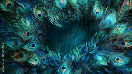 Abstract pattern of peacock feathers, vibrant blue and green colors with space for text in the center.