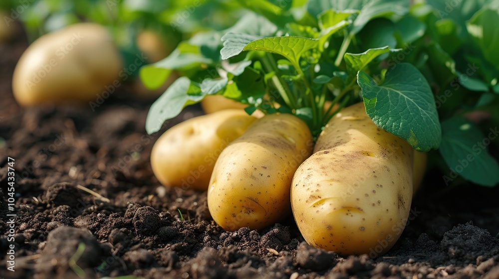 Close-up photograph of potatoes in the ground. Agricultural and harvest concept Close-up photograph of potatoes in the ground. Agricultural and harvest concept