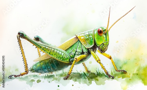 A vibrant meadow blooming with wildflowers and grass in the early summer sun attracts a lively grasshopper