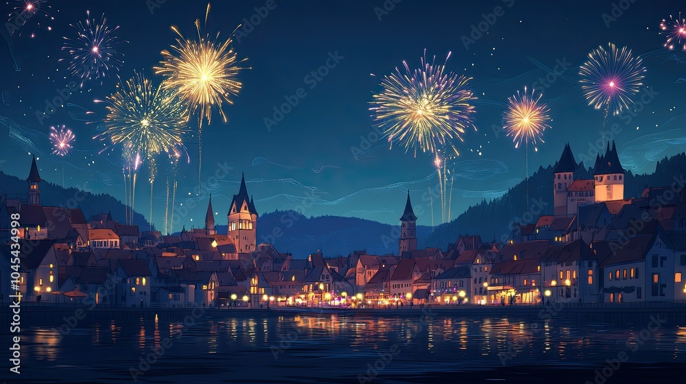 Fototapeta premium Cartoon fireworks display over a European city skyline, celebrating with room for text