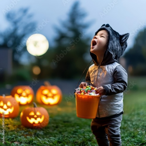 Little boy in a werewolf costume howling at the moon, holding his candy bucket, glowing jack-o-lanterns nearby, Halloween trick-or-treat, howling fun