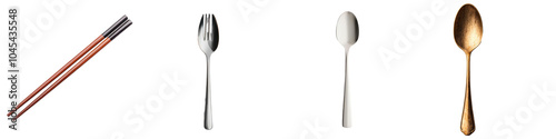 Assorted cutlery including chopsticks and spoons, isolated on white background.