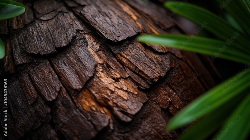 Closeup of dark brown wooden texture with green leaves. Closeup of dark brown wooden texture with green leaves.