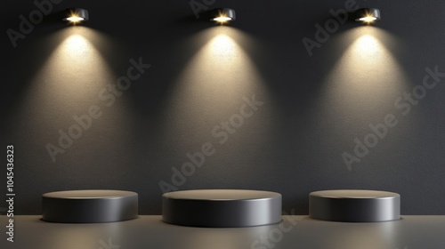 Gray floor podium dramatic empty night room table concrete, Minimalistic black and gray podium with dramatic lighting, empty round gray podium with steps on a background of glowing lamps