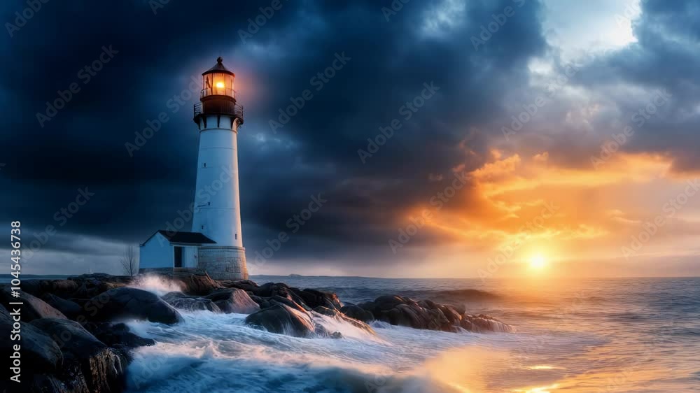 A lighthouse shines brightly as waves crash against the rocky shore, illuminated by a breathtaking sunset and dramatic clouds A lighthouse shines brightly as waves crash against the rocky shore, illuminated by a breathtaking sunset and dramatic clouds
