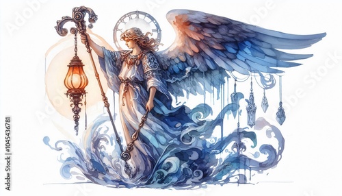 angel Jeremiel, Angel of visions, shown with a staff or a lantern, representing foresight and reflection. in watercolor illustration photo