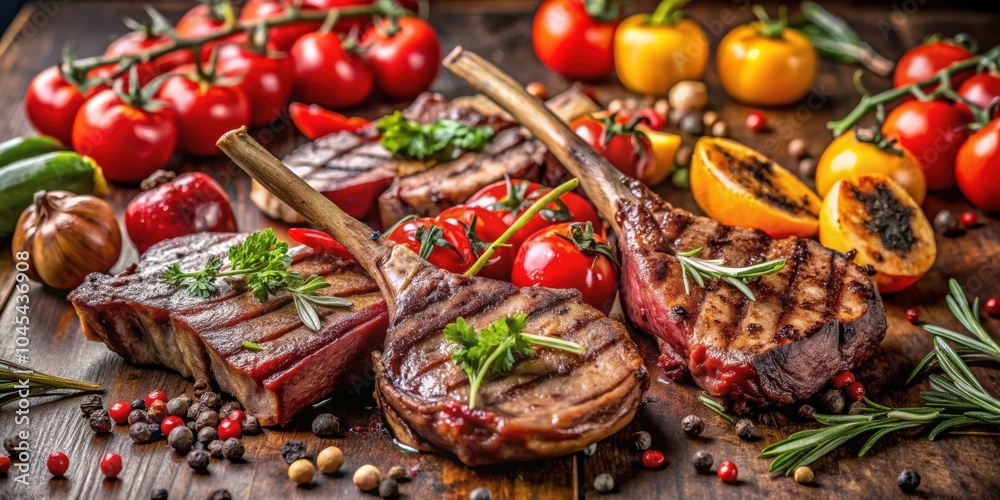 Grilled Lamb Chops with Fresh Herbs and Vegetables on a Wooden Cutting Board Grilled Lamb Chops with Fresh Herbs and Vegetables on a Wooden Cutting Board