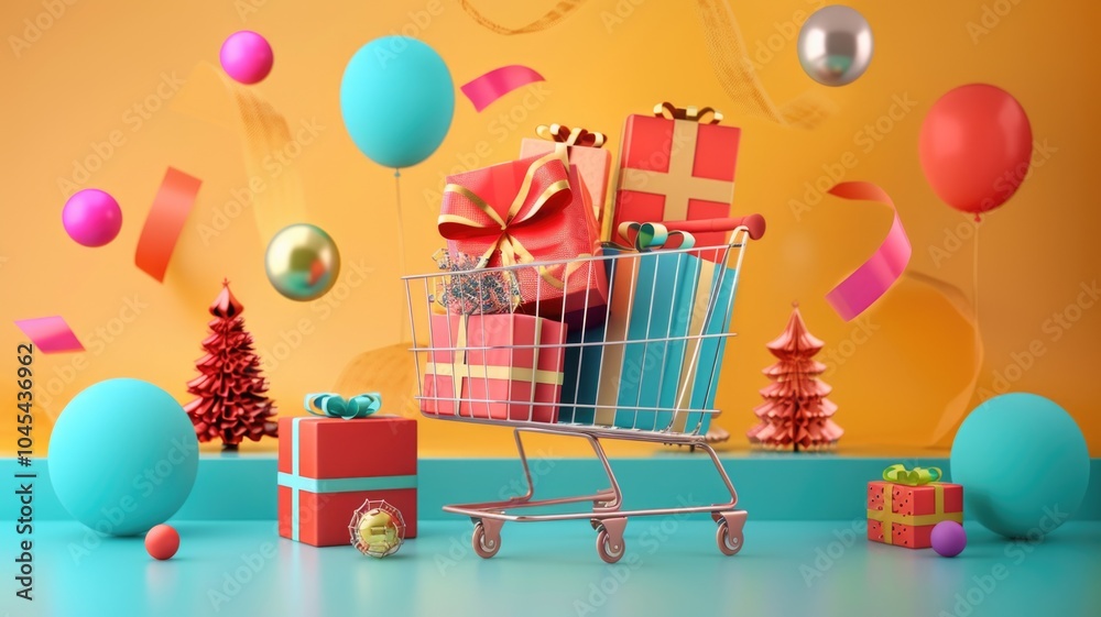 Fototapeta premium Festive shopping cart with colorful gift boxes and balloons for Black Friday designed for social media
