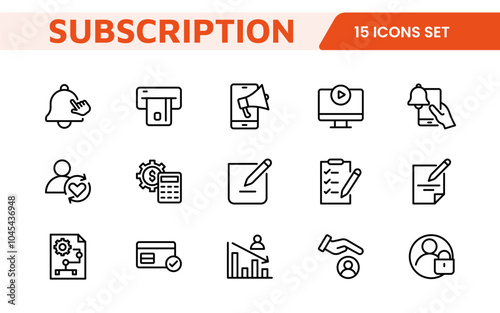 Subscription Services Icon Set. Modern and sleek icons for subscription-based platforms, perfect for enhancing user interfaces, streaming apps, SaaS products, and membership management.