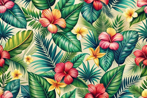 Wallpaper Mural seamless tropical flower plant and leaf pattern background Torontodigital.ca
