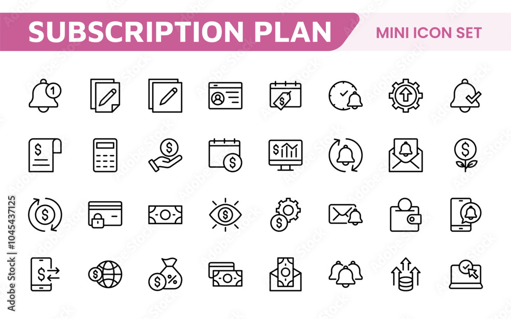 Subscription Services Icon Set. Modern and sleek icons for subscription-based platforms, perfect for enhancing user interfaces, streaming apps, SaaS products, and membership management. Subscription Services Icon Set. Modern and sleek icons for subscription-based platforms, perfect for enhancing user interfaces, streaming apps, SaaS products, and membership management.