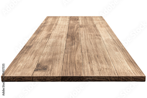 Wooden tabletop, perspective view on white isolated background, transparent background