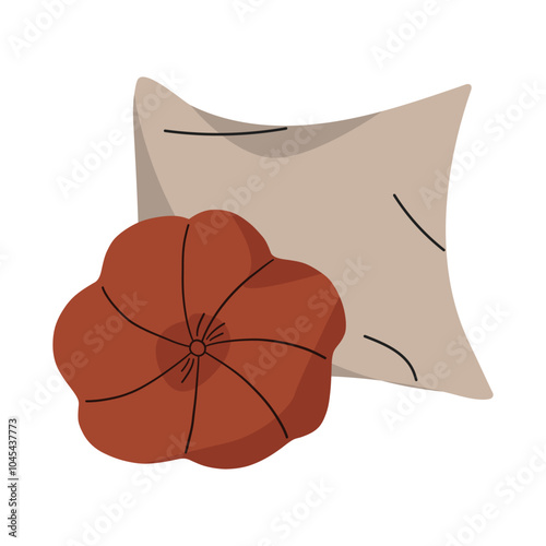 Textile pillows. Cozy home interior pillows. Various pillows.Hand drawn vector pillows