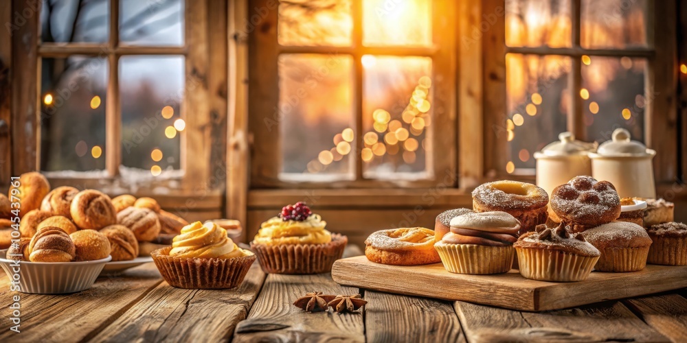Assorted Baked Goods Displayed on Wooden Tabletop in Front of Cozy Window with Golden Hour Light Assorted Baked Goods Displayed on Wooden Tabletop in Front of Cozy Window with Golden Hour Light