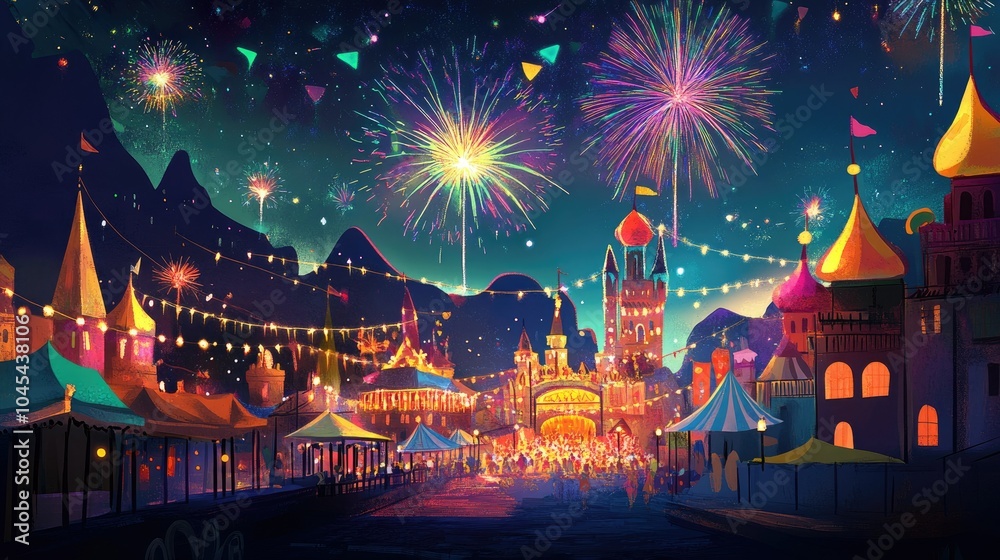 Fototapeta premium Cartoon illustration of a European festival with vibrant colors and fireworks, with ample copy space