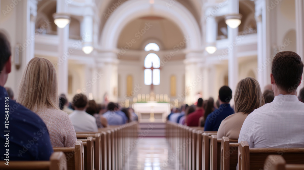 Obraz premium serene church interior with people seated in pews, focusing on altar. atmosphere is peaceful and reflective, inviting contemplation and connection