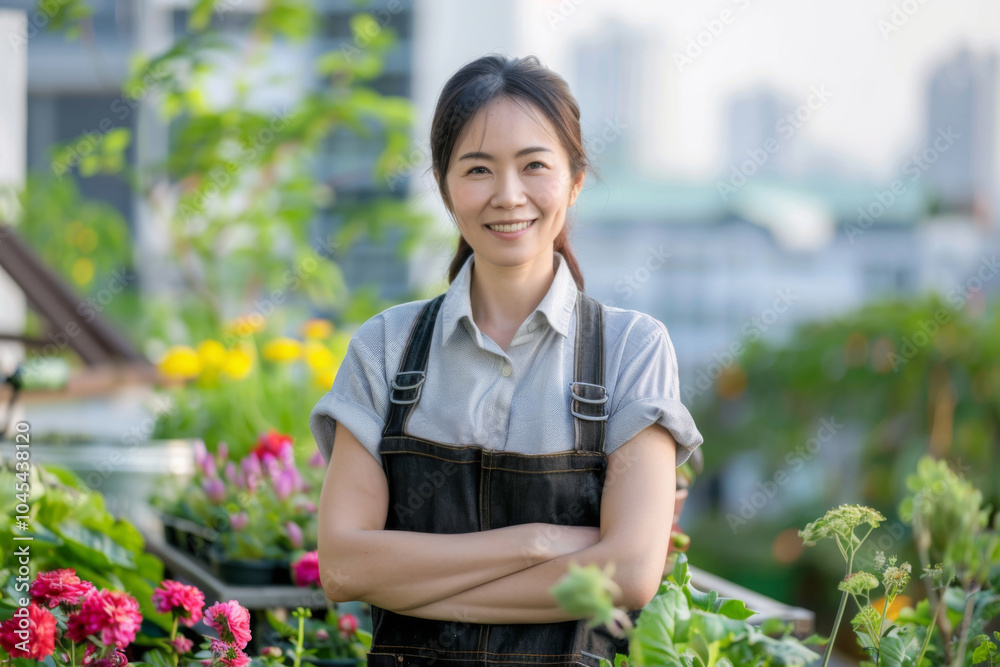 A middle-age Asian female gardener working in rooftop green garden at the modern building. Urban agriculture on the rooftop of the building A middle-age Asian female gardener working in rooftop green garden at the modern building. Urban agriculture on the rooftop of the building