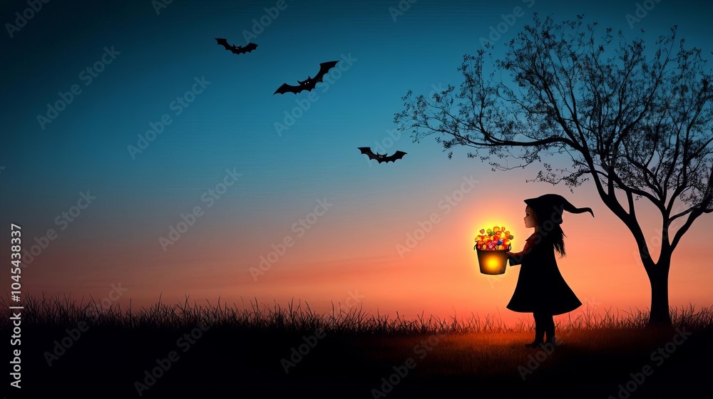 Little witch holding a glowing candy bucket, standing under a spooky tree with bats flying overhead, Halloween trick-or-treat, magical moment Little witch holding a glowing candy bucket, standing under a spooky tree with bats flying overhead, Halloween trick-or-treat, magical moment