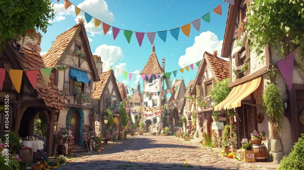 Obraz premium Cartoon street party in a European village with banners, streamers, and space for festive text