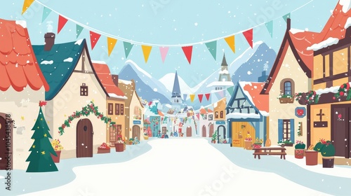 Cartoon street party in a European village with banners, streamers, and space for festive text