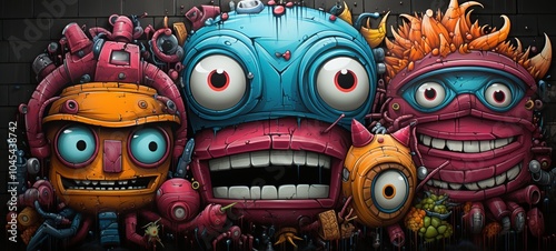 Abstract colorful fragment of graffiti paintings on wall, cartoon design, funny face and alien things, photo