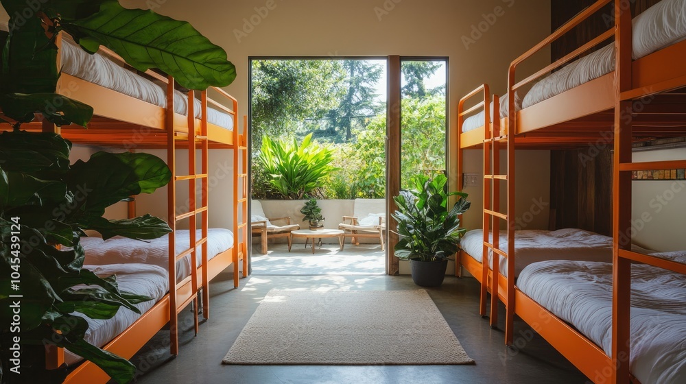 Stylish dormitory room with six orange bunks, white bed linens, and a comfortable seating area, surrounded by greenery outside. Stylish dormitory room with six orange bunks, white bed linens, and a comfortable seating area, surrounded by greenery outside.