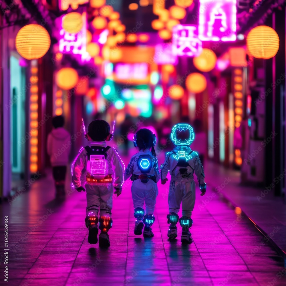 Naklejka premium Neon-lit street with children in futuristic costumes trick-or-treating under glowing decorations, Halloween trick-or-treat, cyberpunk Halloween
