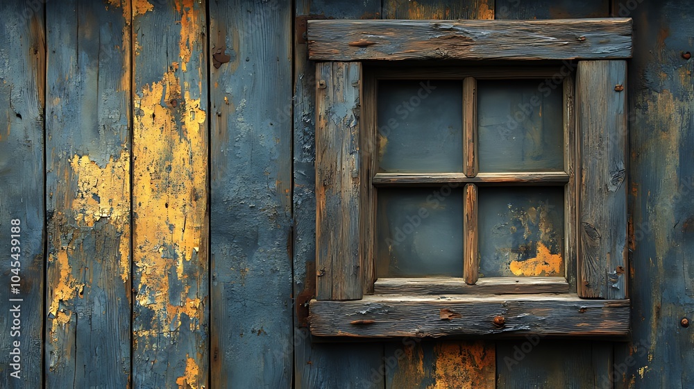 A single window in a wooden wall with peeling blue and yellow paint. A single window in a wooden wall with peeling blue and yellow paint.