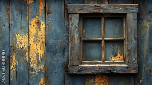 A single window in a wooden wall with peeling blue and yellow paint.