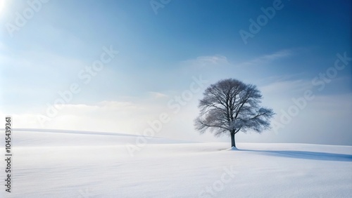 Snowy landscape with a single tree standing alone in the vast white expanse, snowfall, tree, serene