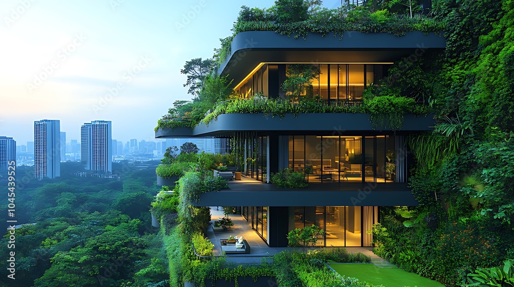 Modern, green building with large windows and lush foliage, overlooking a cityscape.