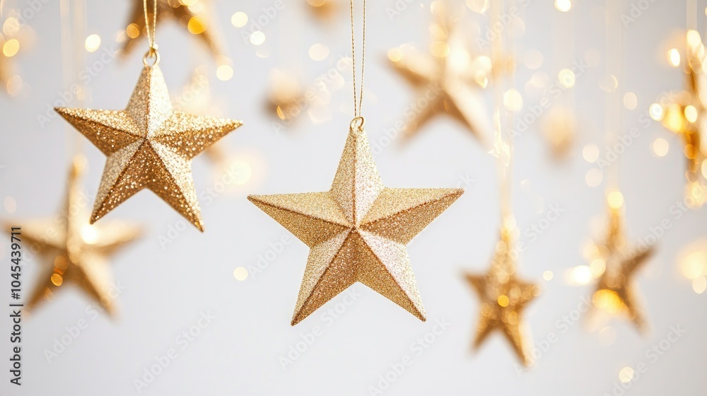 Suspended gold stars twinkle softly on delicate strings, set against a pure white background, creating a festive yet minimal aesthetic. Suspended gold stars twinkle softly on delicate strings, set against a pure white background, creating a festive yet minimal aesthetic.