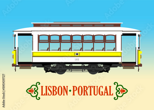 Yellow Lisbon tram isolated on blue and beige gradient background. Symbol and tourist attraction of Lisbon, Portugal. Vector illustration. EPS illustration.