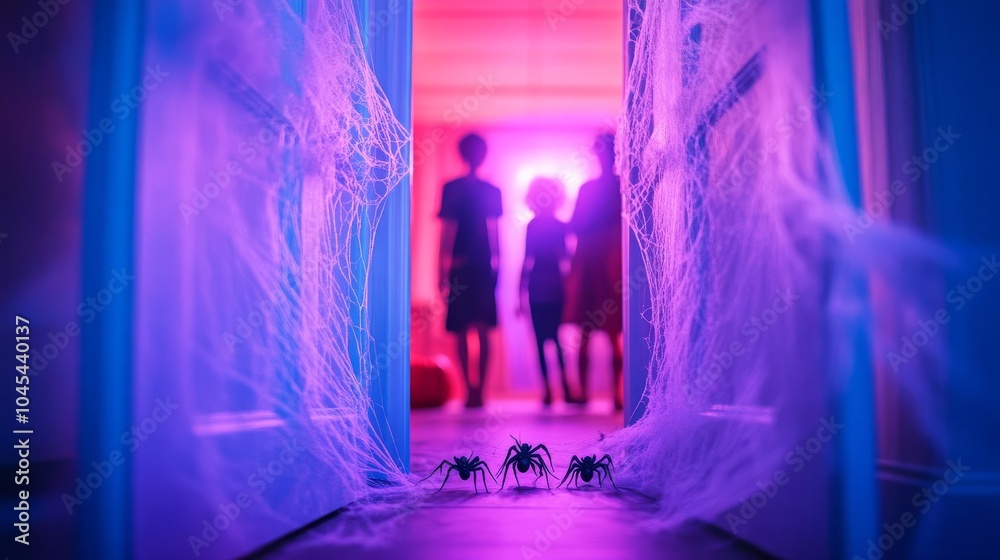 Trick-or-treaters cautiously approaching a door covered in cobwebs and spiders, eerie purple light from inside, Halloween trick-or-treat, haunted house Trick-or-treaters cautiously approaching a door covered in cobwebs and spiders, eerie purple light from inside, Halloween trick-or-treat, haunted house