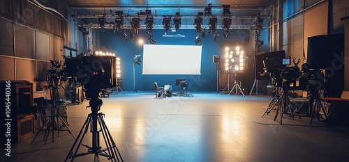 Empty television studio set with lighting and camera equipment.