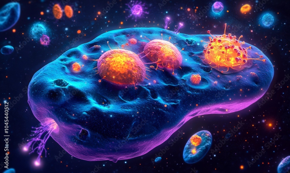 Isometric view of a cell with detailed organelles such as the nucleus, mitochondria, and ribosomes, showcasing cell biology Isometric view of a cell with detailed organelles such as the nucleus, mitochondria, and ribosomes, showcasing cell biology