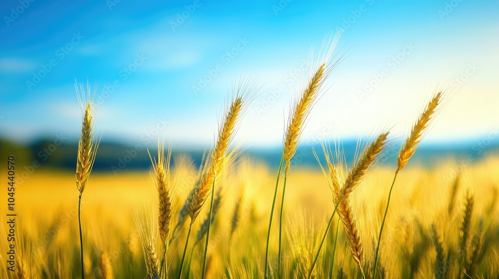 The golden stalks of a wheat field gently swaying under a vast blue sky, capturing the serenity of the countryside. The golden stalks of a wheat field gently swaying under a vast blue sky, capturing the serenity of the countryside.