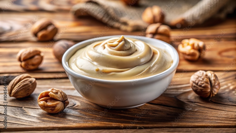A bowl of creamy nut butter with a swirl on top, surrounded by shelled nuts on a rustic wooden surface. A bowl of creamy nut butter with a swirl on top, surrounded by shelled nuts on a rustic wooden surface.